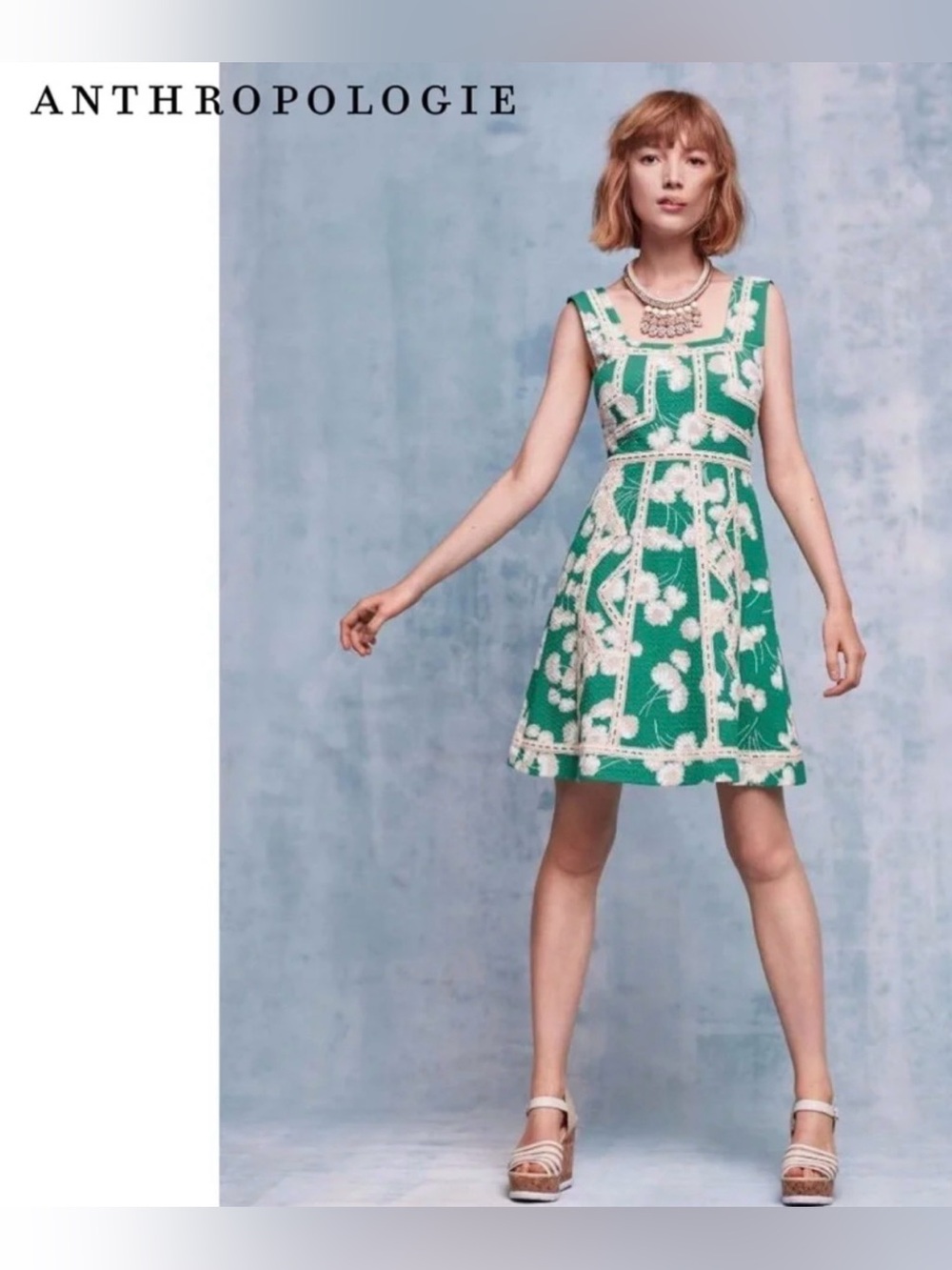 Anthropologie Maeve Emma Dress-Green Motif Sleeveless Lace Trim SZ 2 EUC